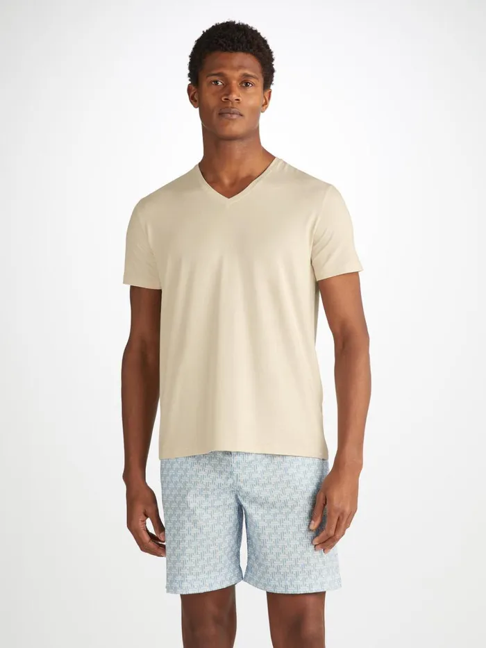 Short Sleeve TShirts Men Derek Rose VNeck TShirt Basel Micro Modal Stretch Ecru