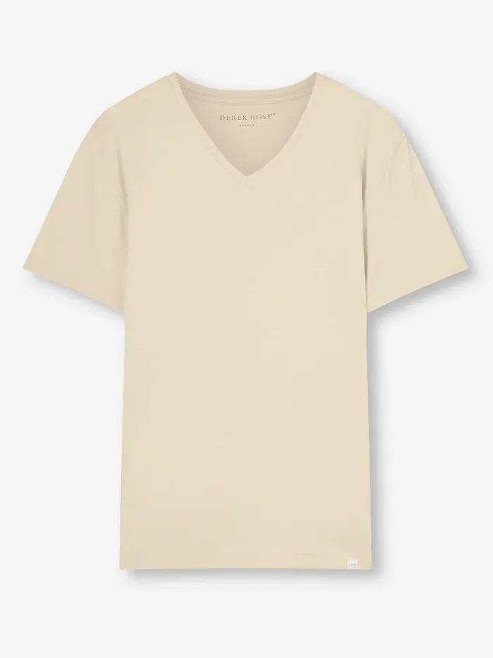 Short Sleeve TShirts Men Derek Rose VNeck TShirt Basel Micro Modal Stretch Ecru