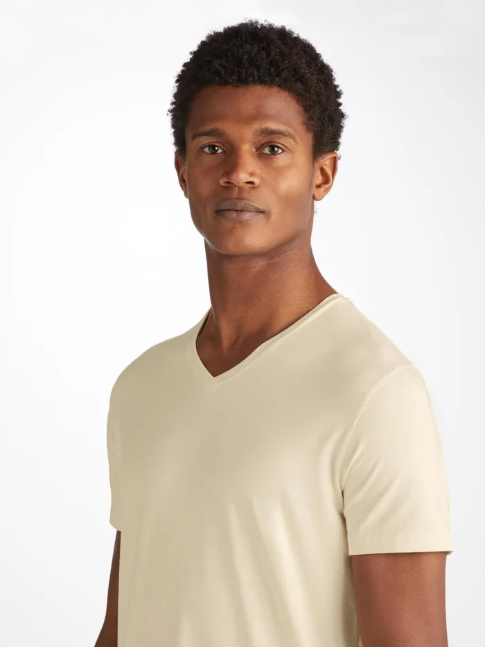 Short Sleeve TShirts Men Derek Rose VNeck TShirt Basel Micro Modal Stretch Ecru