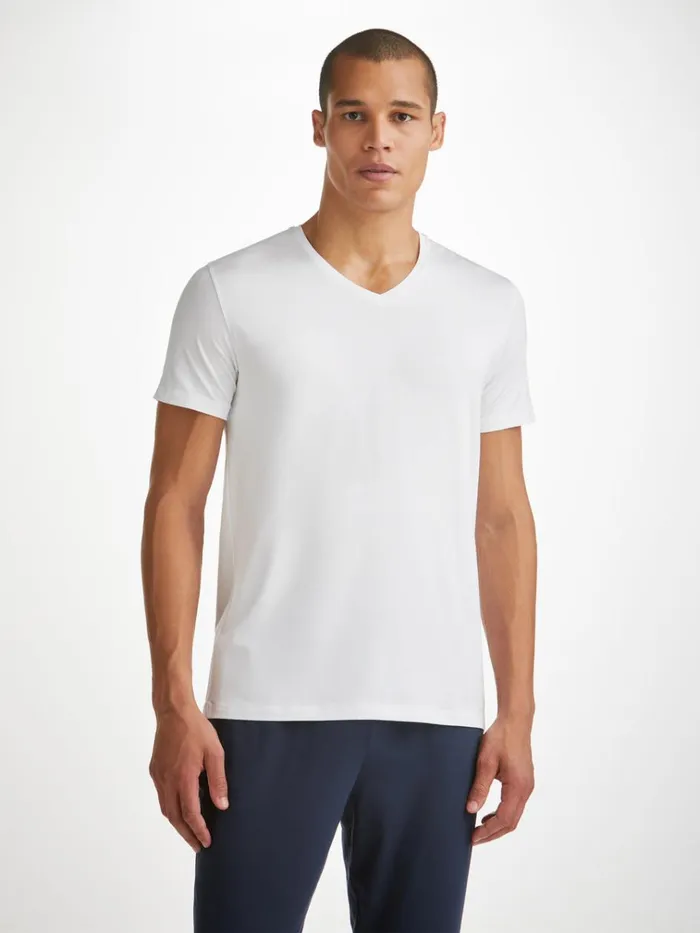 Short Sleeve TShirts Men Derek Rose VNeck TShirt Basel Micro Modal Stretch White