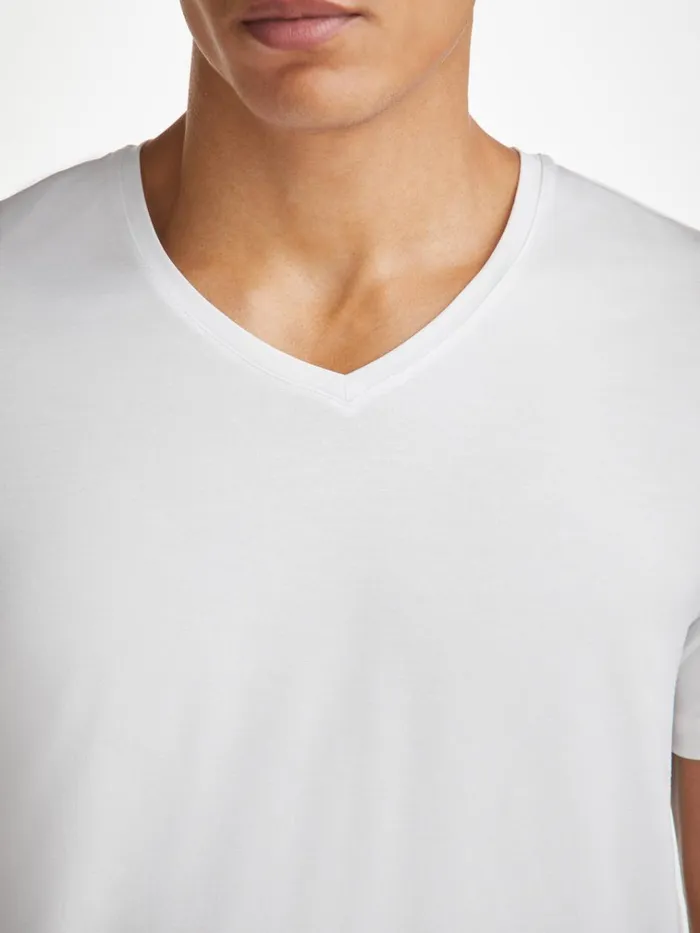 Short Sleeve TShirts Men Derek Rose VNeck TShirt Basel Micro Modal Stretch White