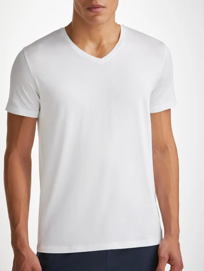 Short Sleeve TShirts Men Derek Rose VNeck TShirt Basel Micro Modal Stretch White