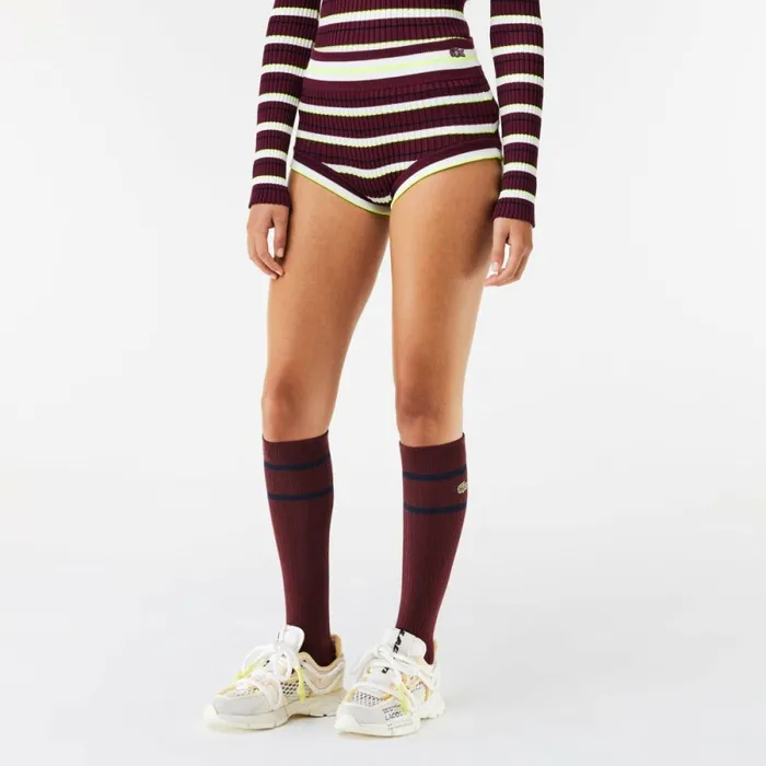 Shorts and Skirts Women Lacoste Lacoste X EleVen By Venus Striped Ribbed Lounge Shorts Bordeaux White Iww