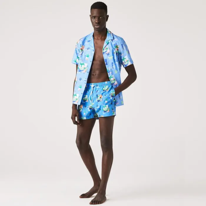 Shorts and Swim Men Lacoste Men039s Printed BuiltIn Mesh Boxer Swimming Trunks Blue White Fyf
