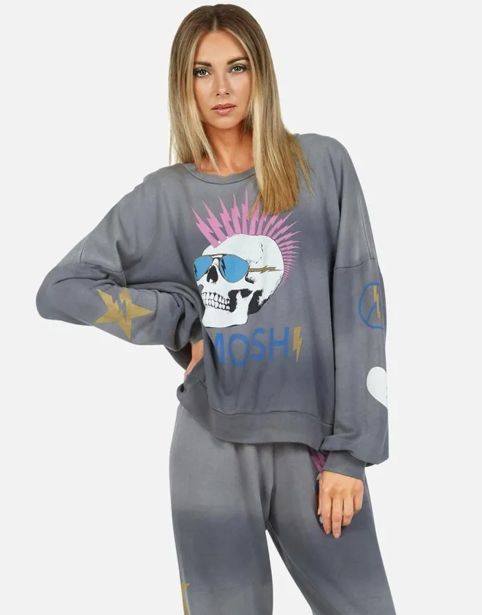 Sierra X Moshi Lightning Skull Faded Graphite Women Lauren Moshi Long Sleeve