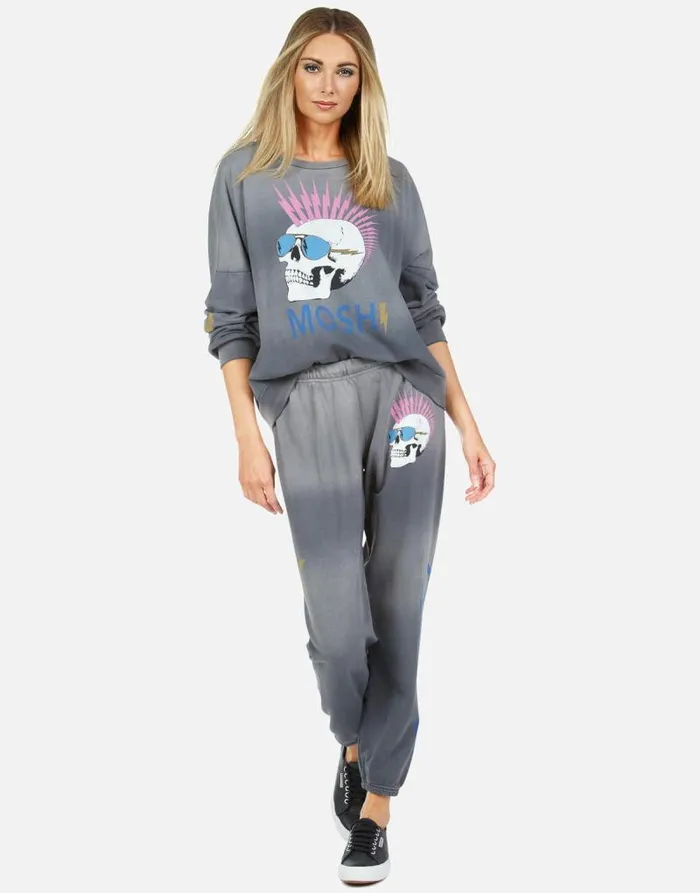 Sierra X Moshi Lightning Skull Faded Graphite Women Lauren Moshi Long Sleeve