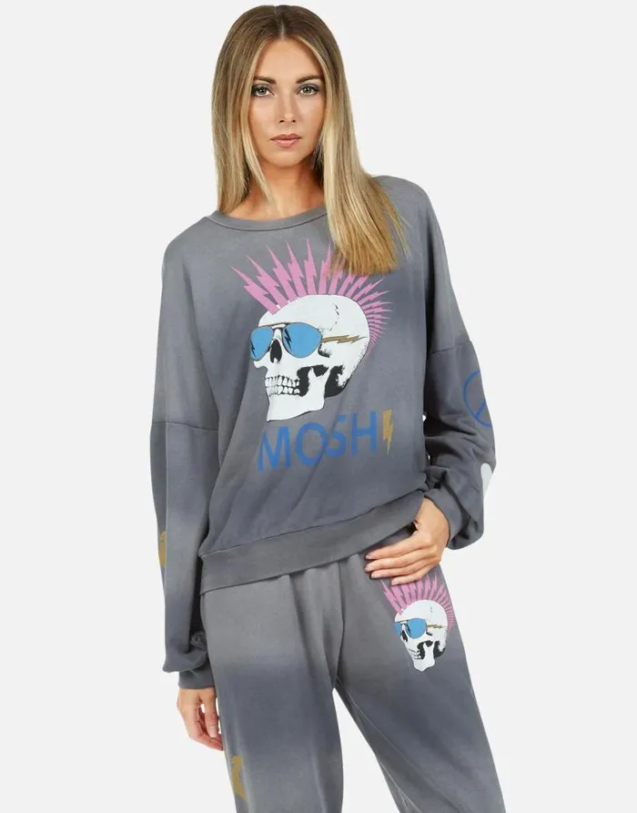 Sierra X Moshi Lightning Skull Faded Graphite Women Lauren Moshi Long Sleeve