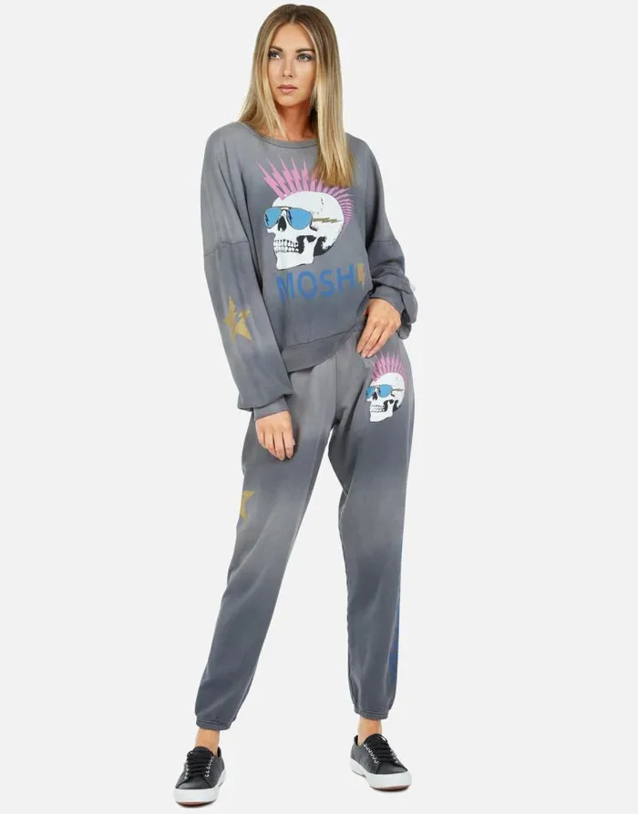 Sierra X Moshi Lightning Skull Faded Graphite Women Lauren Moshi Long Sleeve