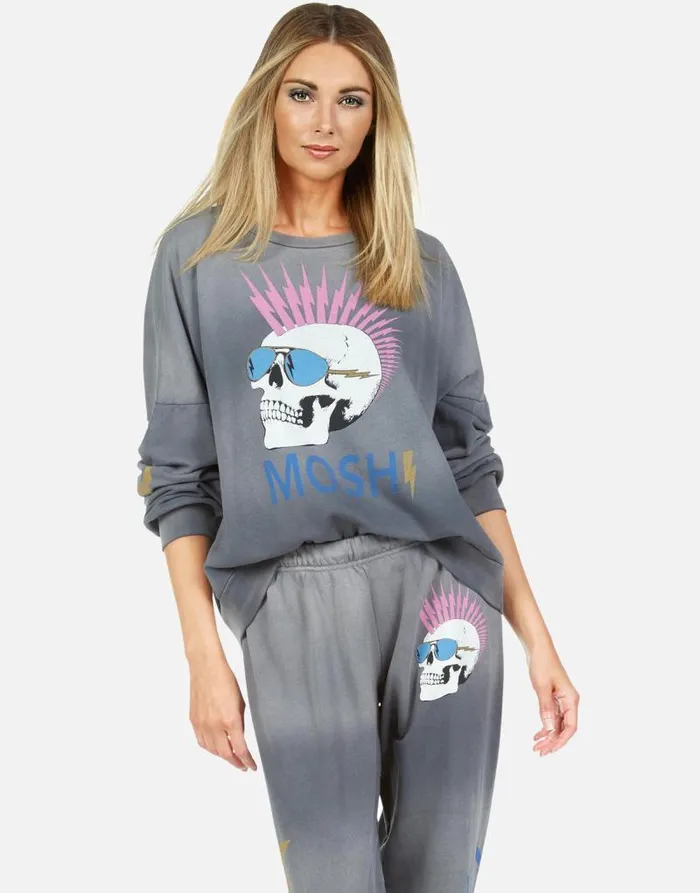 Sierra X Moshi Lightning Skull Faded Graphite Women Lauren Moshi Long Sleeve