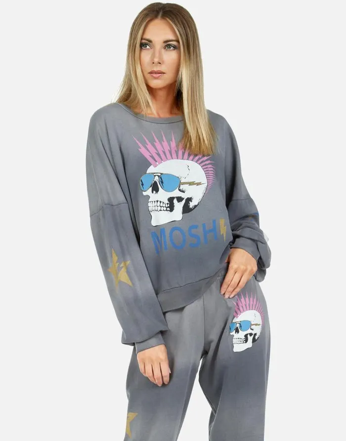 Sierra X Moshi Lightning Skull Faded Graphite Women Lauren Moshi Long Sleeve
