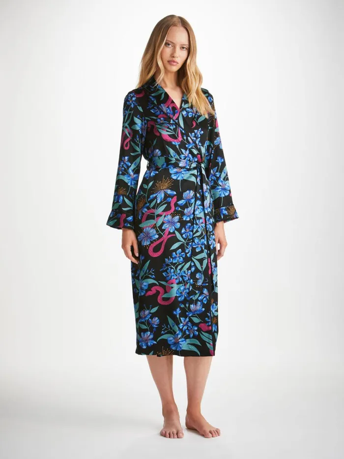 Silk Robes Women Derek Rose Long Robe Brindisi 101 Silk Satin Black