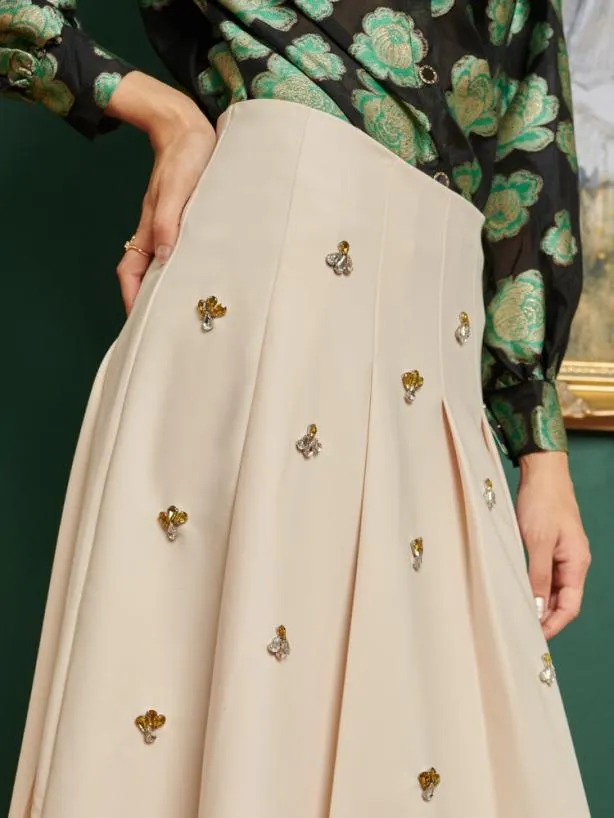 Sister Jane Bottoms Womenswear DREAM Rococo Embellished Pleated Skirt Pearl Ivory