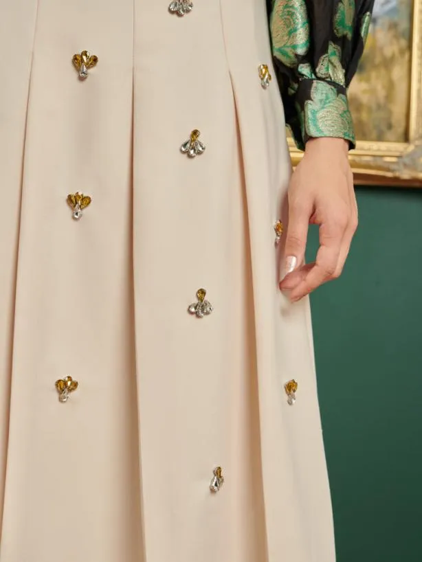 Sister Jane Bottoms Womenswear DREAM Rococo Embellished Pleated Skirt Pearl Ivory