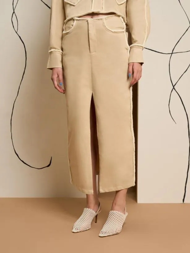 Sister Jane Bottoms Womenswear Ghospell Harper Frayed Midi Skirt Almond Beige