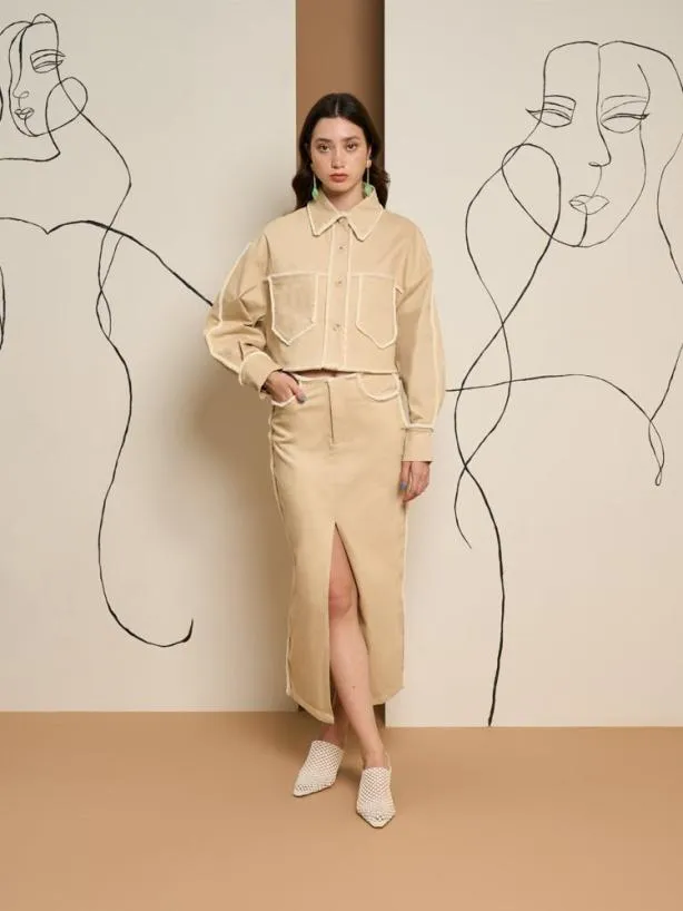 Sister Jane Bottoms Womenswear Ghospell Harper Frayed Midi Skirt Almond Beige