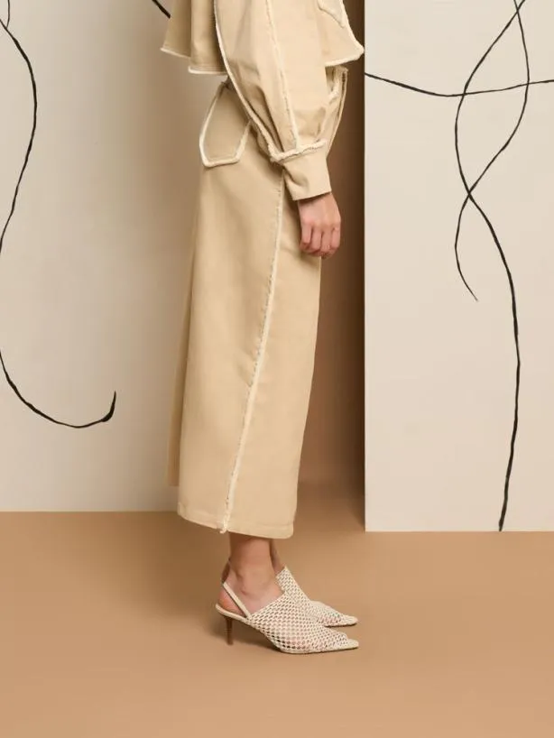 Sister Jane Bottoms Womenswear Ghospell Harper Frayed Midi Skirt Almond Beige