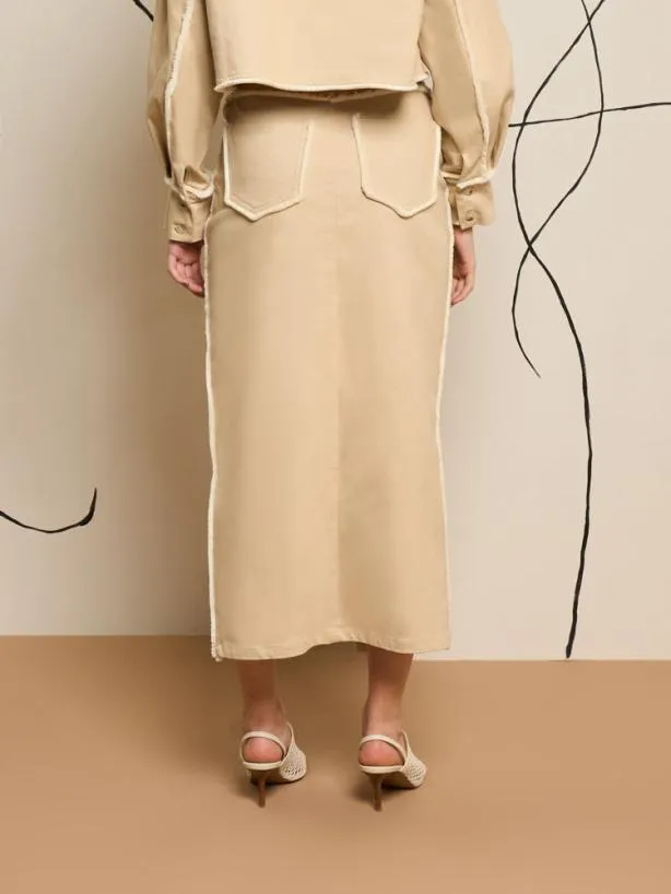Sister Jane Bottoms Womenswear Ghospell Harper Frayed Midi Skirt Almond Beige