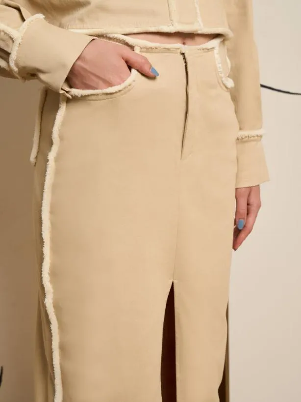 Sister Jane Bottoms Womenswear Ghospell Harper Frayed Midi Skirt Almond Beige