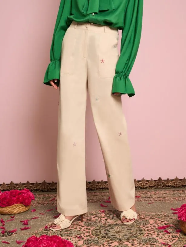 Sister Jane Bottoms Womenswear Primrose Embroidered Trousers Gardenia Cream