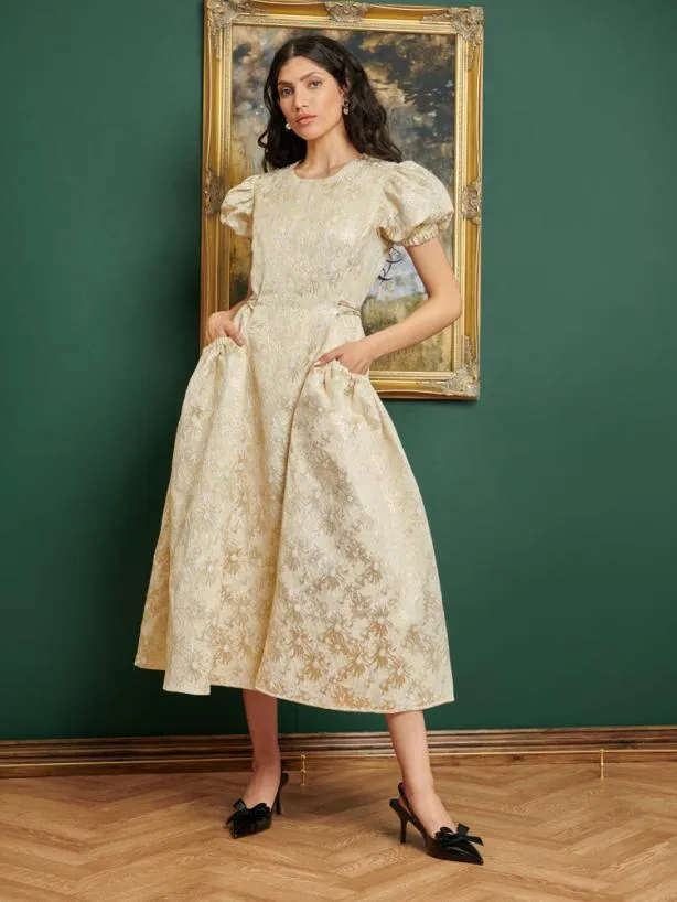 Sister Jane Dresses Womenswear DREAM Ornament Jacquard Midi Dress Pale Gold