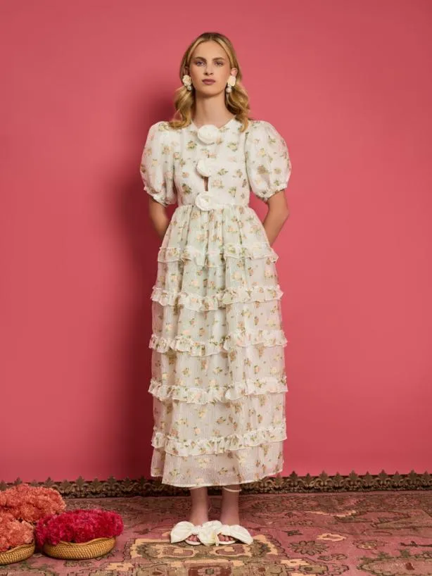 Sister Jane Dresses Womenswear DREAM Rose Dove Ruffle Midi Dress Pearled White