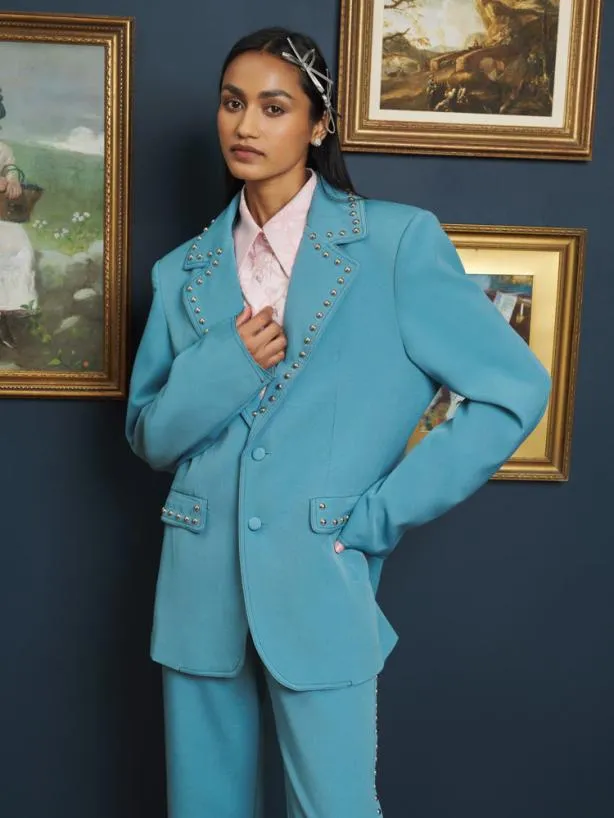 Sister Jane Jackets Menswear Clover Studded Blazer Cerulean Blue