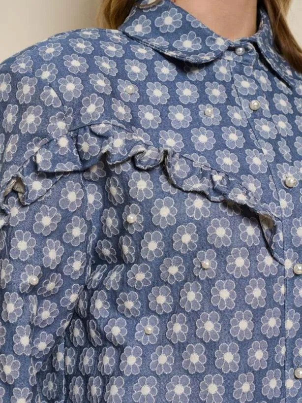 Sister Jane Tops Womenswear Daisy Denim Pearl Shirt Captain Blue