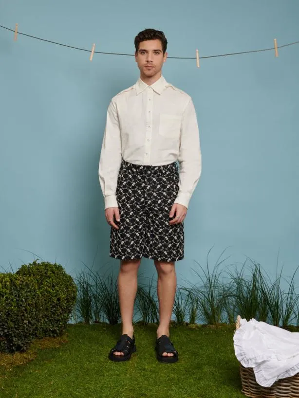 Sister Jane Trousers Menswear Milo Floral Denim Bermuda Shorts Black Floral Embroidered