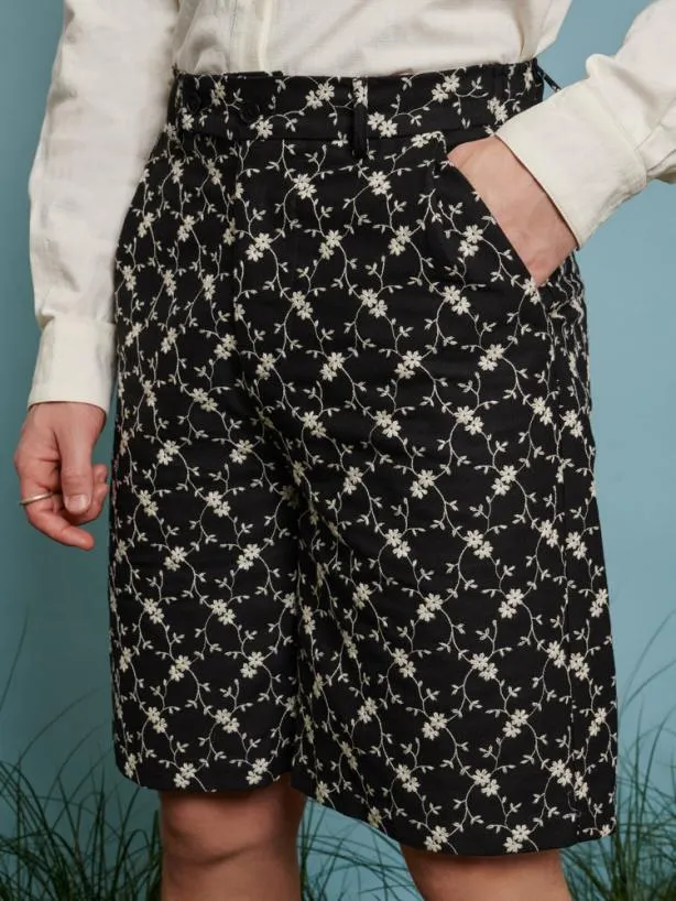Sister Jane Trousers Menswear Milo Floral Denim Bermuda Shorts Black Floral Embroidered