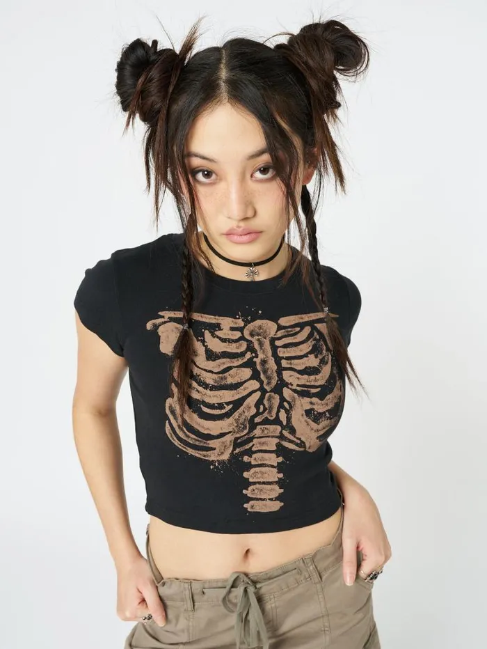 Skeleton Black Graphic Print Baby Tee Women Minga London Tops and TShirts