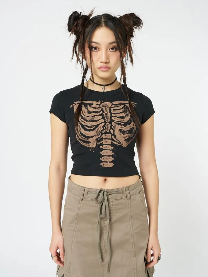 Skeleton Black Graphic Print Baby Tee Women Minga London Tops and TShirts