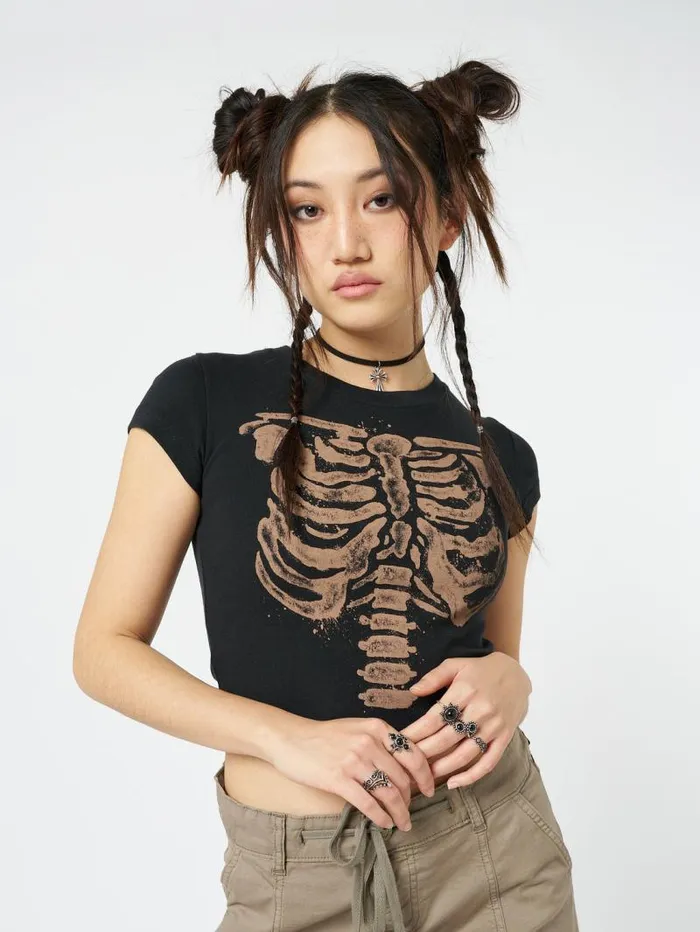 Skeleton Black Graphic Print Baby Tee Women Minga London Tops and TShirts