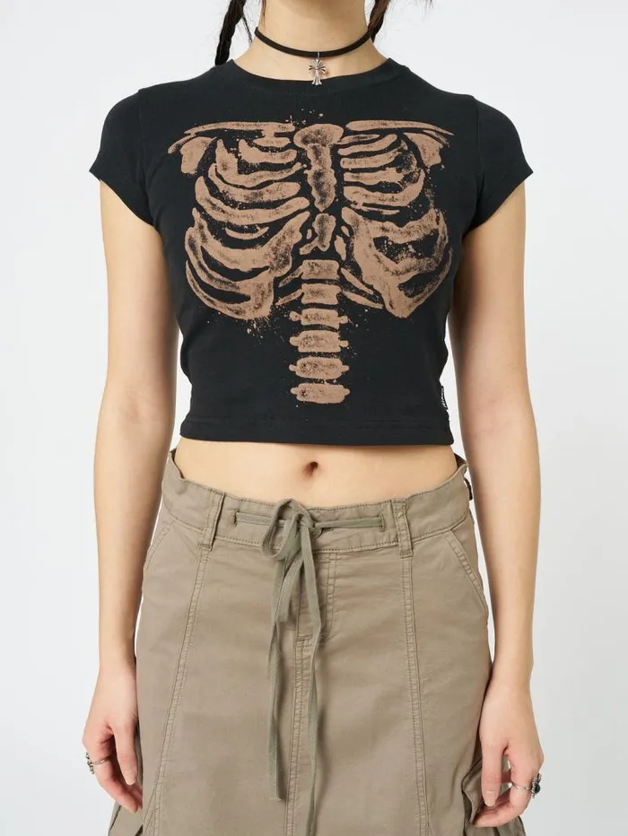 Skeleton Black Graphic Print Baby Tee Women Minga London Tops and TShirts