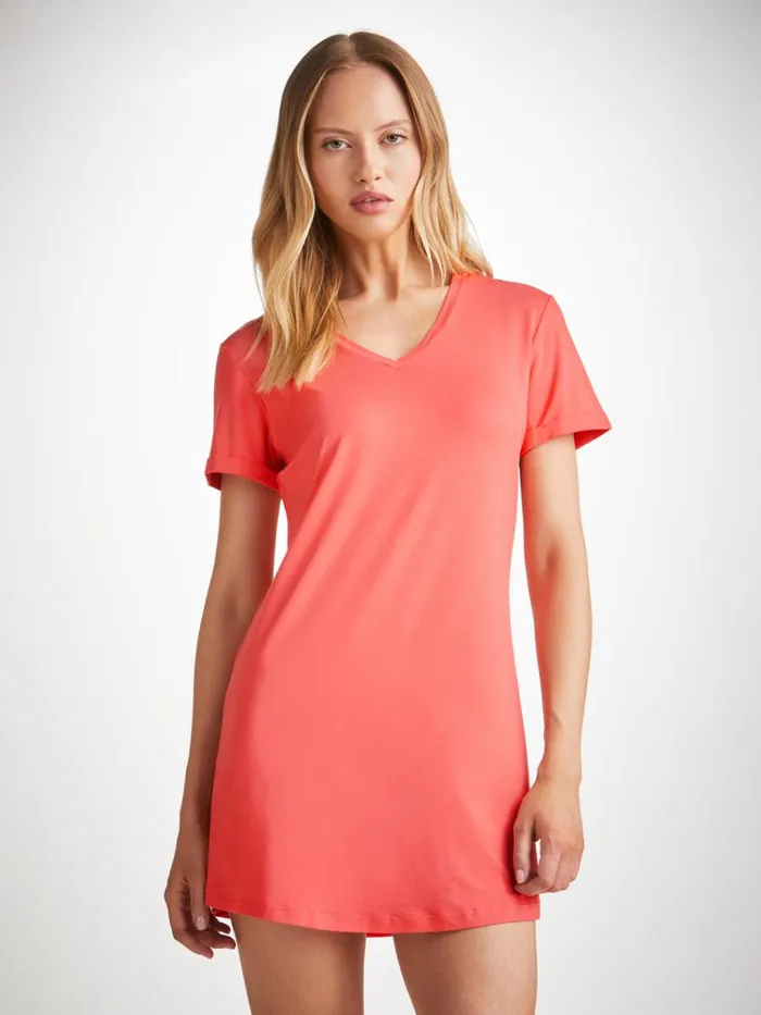 Sleep TShirts Women Derek Rose VNeck Sleep TShirt Lara Micro Modal Stretch Coral