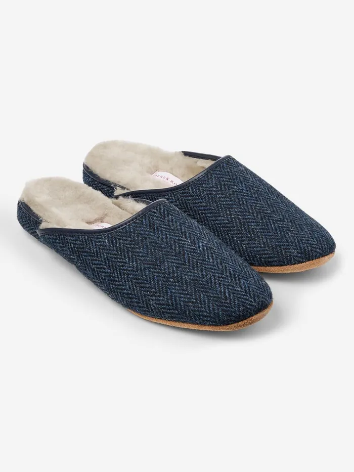 Slippers MenSlippers Derek Rose Mule Slippers Douglas 2 Harris Tweed Sheepskin Navy