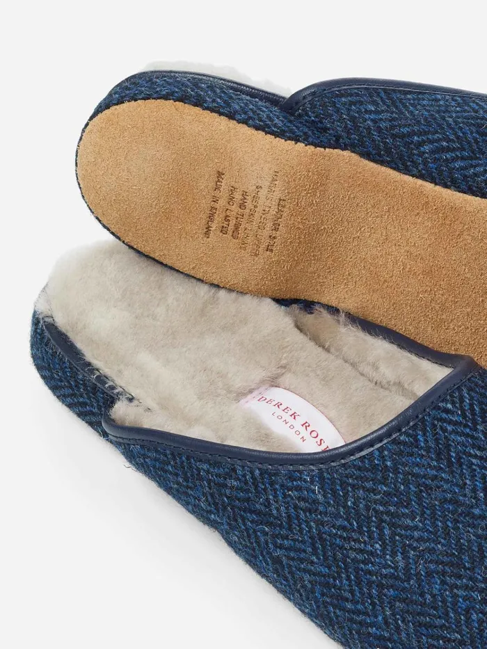 Slippers MenSlippers Derek Rose Mule Slippers Douglas 2 Harris Tweed Sheepskin Navy