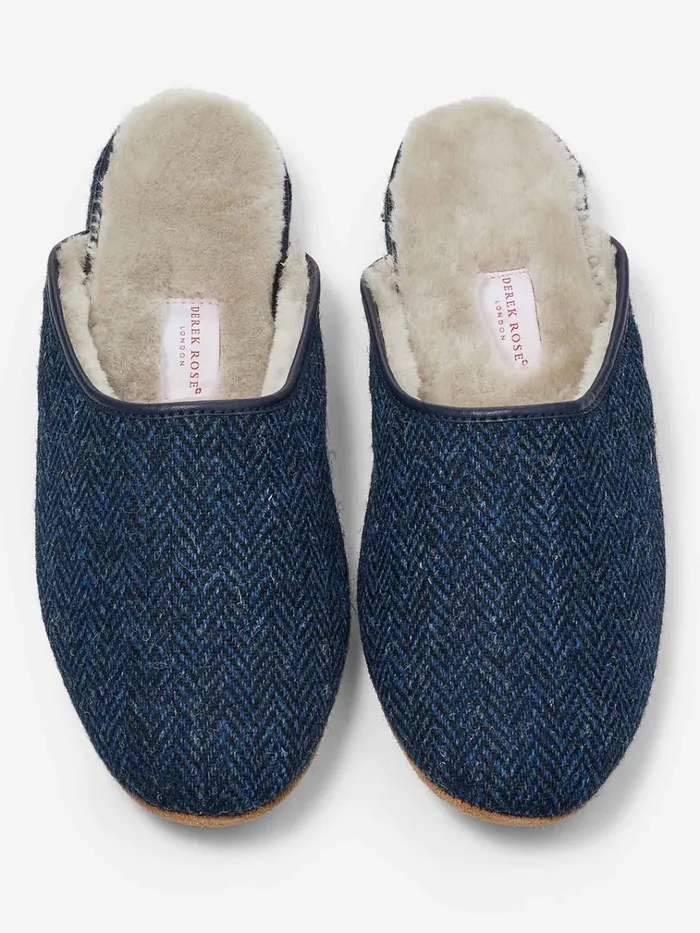 Slippers MenSlippers Derek Rose Mule Slippers Douglas 2 Harris Tweed Sheepskin Navy