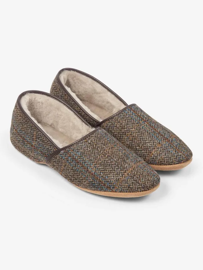 Slippers MenSlippers Derek Rose Slippers Crawford 2 Harris Tweed Sheepskin Beige