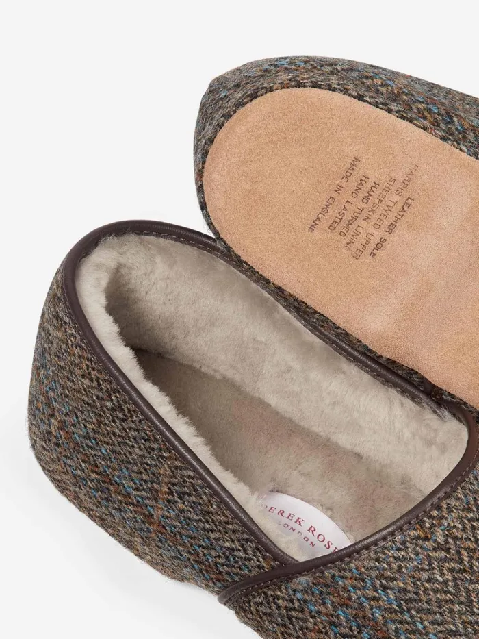 Slippers MenSlippers Derek Rose Slippers Crawford 2 Harris Tweed Sheepskin Beige