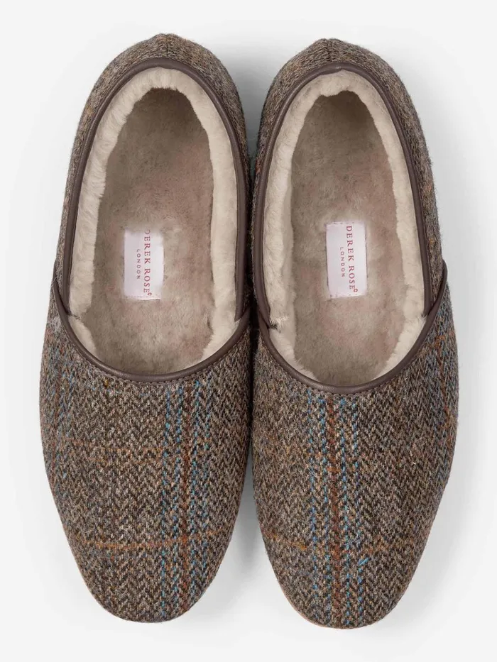 Slippers MenSlippers Derek Rose Slippers Crawford 2 Harris Tweed Sheepskin Beige