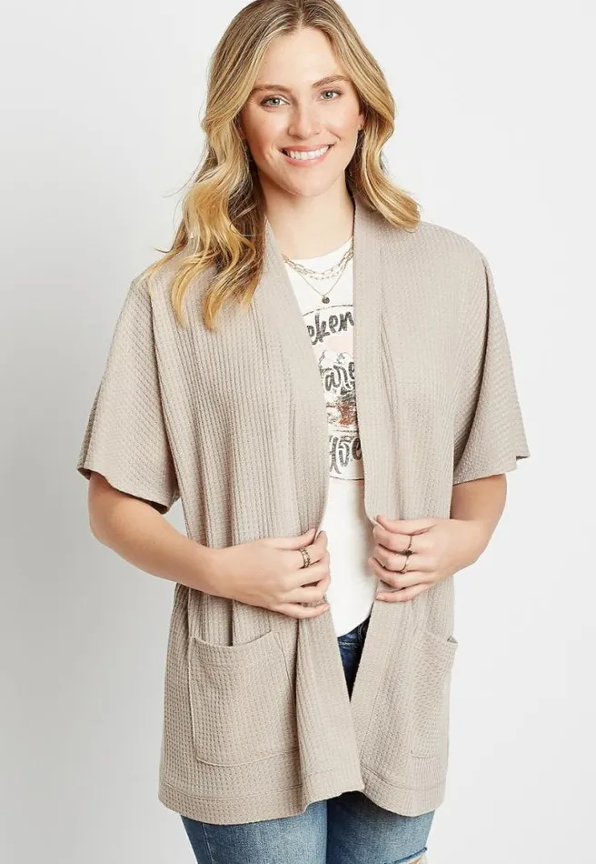 Solid Waffle Knit Smocked Back Cardigan Women Maurices Tops