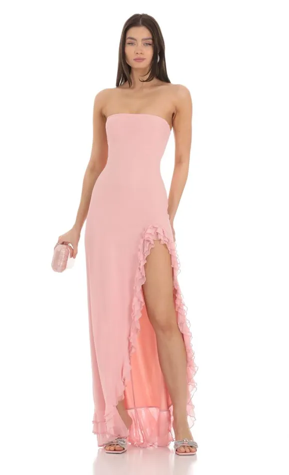 Strapless Mesh Ruffle Maxi Dress Pink Women LUCY IN THE SKY Maxi Dresses