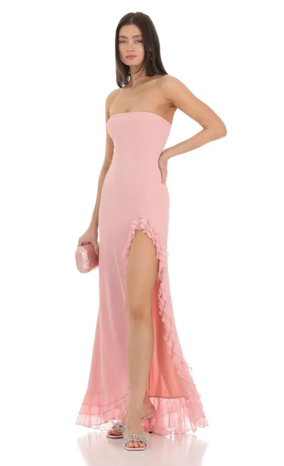 Strapless Mesh Ruffle Maxi Dress Pink Women LUCY IN THE SKY Maxi Dresses Strapless Mesh Ruffle Maxi Dress Pink Women LUCY IN THE SKY Maxi Dresses