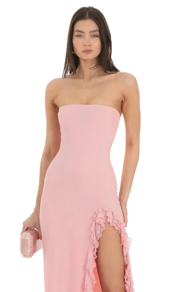 Strapless Mesh Ruffle Maxi Dress Pink Women LUCY IN THE SKY Maxi Dresses Strapless Mesh Ruffle Maxi Dress Pink Women LUCY IN THE SKY Maxi Dresses
