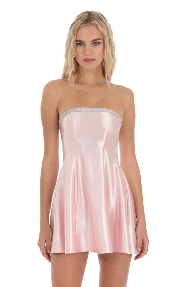 Strapless Rhinestone Satin Dress Pink Women LUCY IN THE SKY Mini Dresses