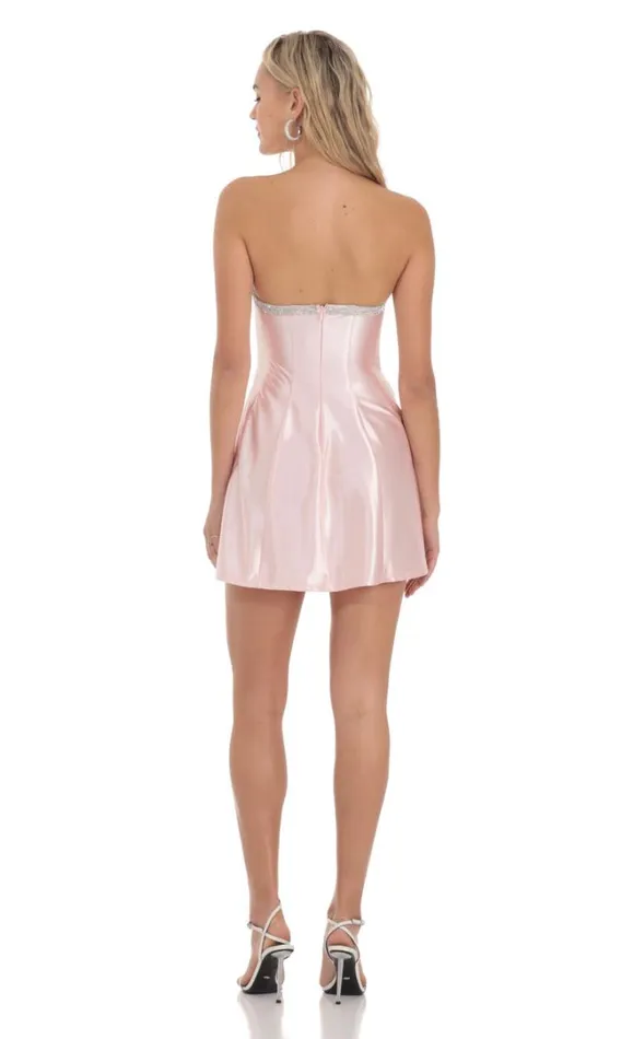 Strapless Rhinestone Satin Dress Pink Women LUCY IN THE SKY Mini Dresses