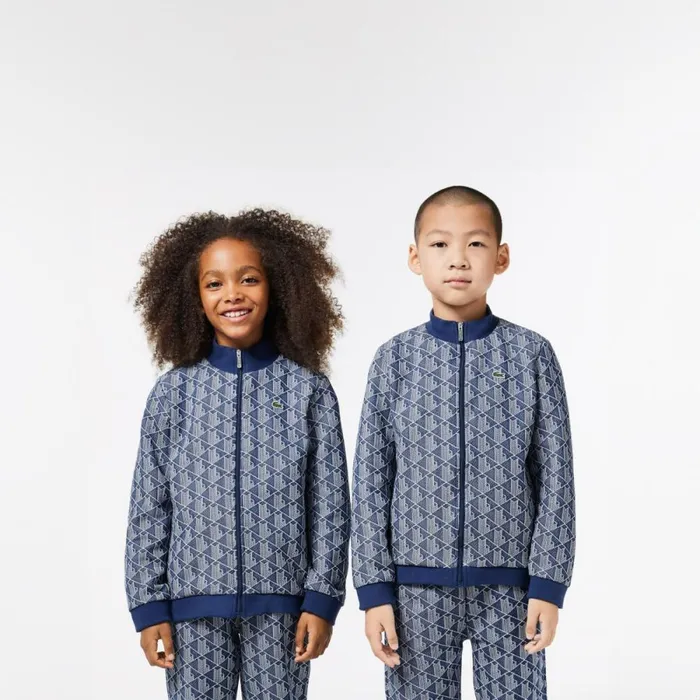 Sweaters and Sweatshirts Kids Lacoste Kids039 ZipUp Monogram Sweatshirt Navy Blue White Qie