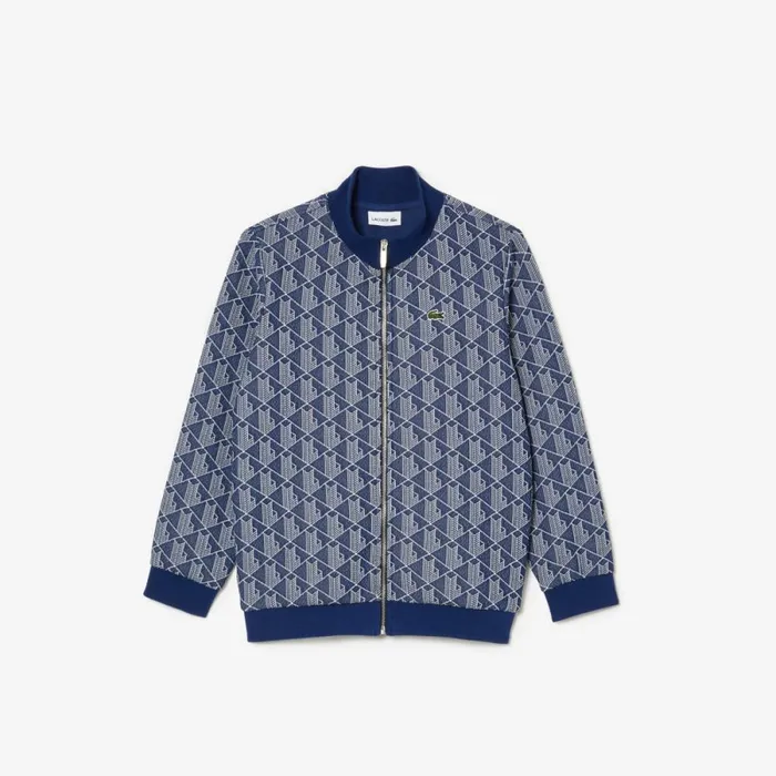 Sweaters and Sweatshirts Kids Lacoste Kids039 ZipUp Monogram Sweatshirt Navy Blue White Qie