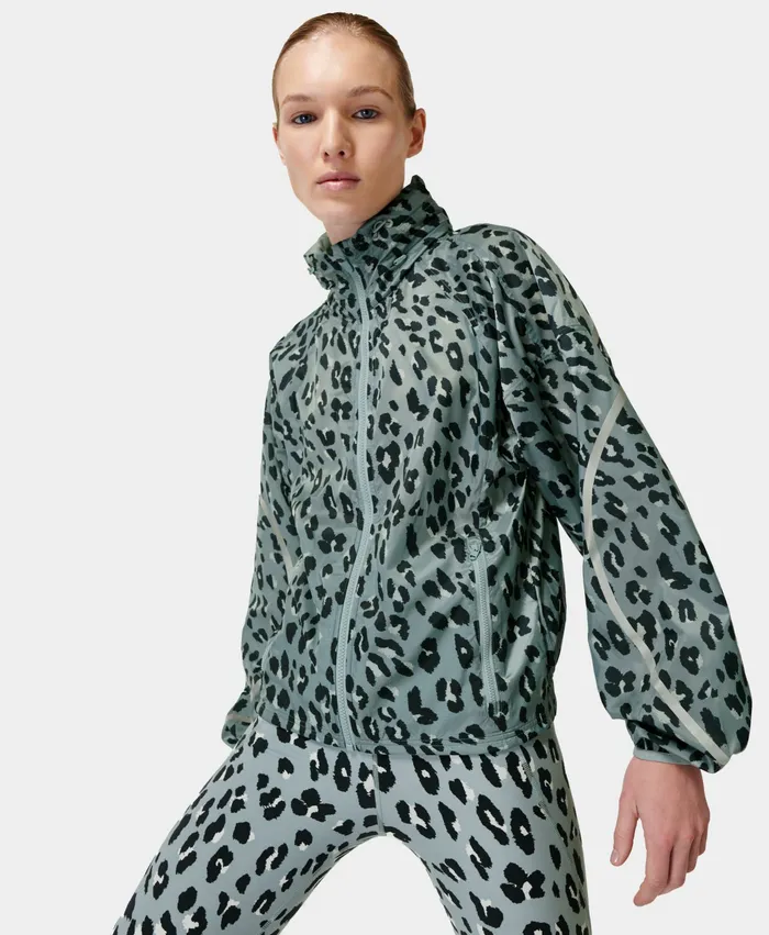 Sweaty Betty Coats and Jackets Women Pack Away Jacket Blue Cheetah Print