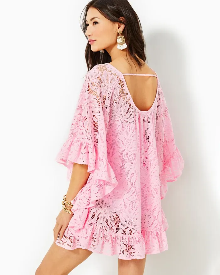 Swim Women Lilly Pulitzer Atley Ruffle CoverUp Peony Pink Paradise Found Lace